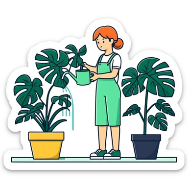 woman watering her monstera plant sticker