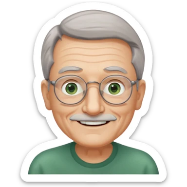 Old man with receding hair, grey hair only on the sides, green eyes, rectangular reading glasses, rounded clear face, with a smile sticker