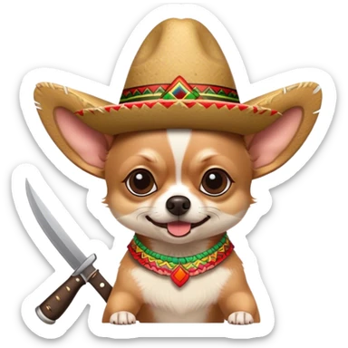 Chihuahua con sombrero mexicano y un machete en la mano sticker