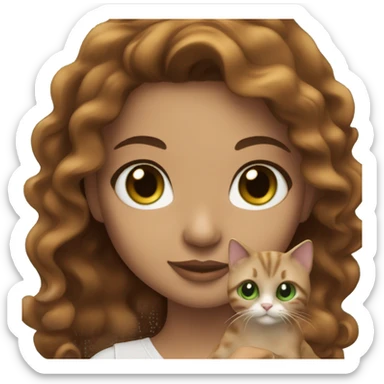 Wavy hair brunette with caramel skin and green eyes holding calico cat sticker