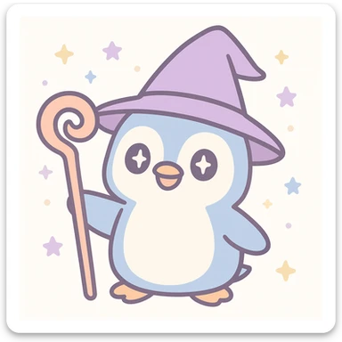 cute cartoon style penguin dressed as a wizard, wearing a pointed hat and holding a magic staff sticker