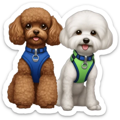 Brown toy poodle wearing dark blue harness and all white Maltese wearing green harness sticker