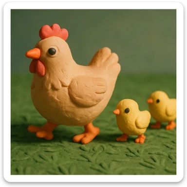 hen and chicks walking in grass, soft lighting, hand-molded details sticker