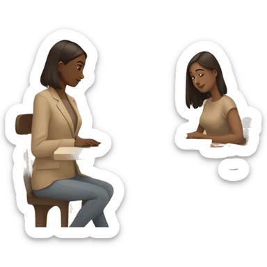 A girl at a table with a laptop. A a cup of coffee on the left side of the table. Books on the right side of the table. in beige tones sticker