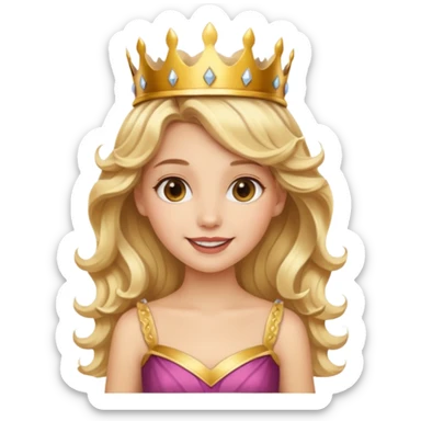 Cheerful blonde princess with wavy hair and light gold dress, wearing crown sticker