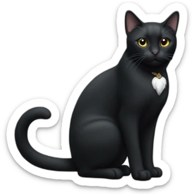 Black cat standing with white paws and white chest sticker