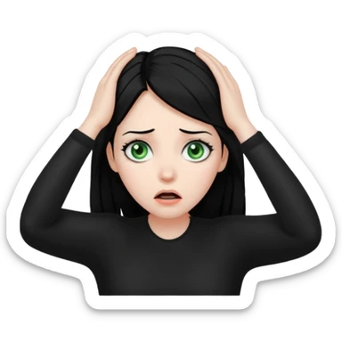 A realistic waist-up portrait of a frightened woman with her hands on her head, black hair and green eyes sticker