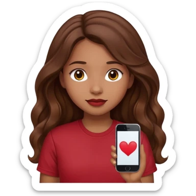 Light brown girl with long wavy brunette hair and blush, wearing dark red tshirt sticker