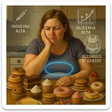 realistic surreal symbolism; woman about 38 years old, slightly overweight, sitting tired at kitchen table with sugary foods; frustrated expression; blue halo around abdomen (metabolic dysfunction); transparent icons: high insulin, rising blood sugar (graph with upward arrows), fat accumulation on abdomen and hips; writings in Italian sticker