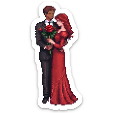 pixel art of a Spanish tango couple, man in black suit with red rose, woman in red dress, close embrace, dramatic pose, vibrant and cute, emoji size sticker