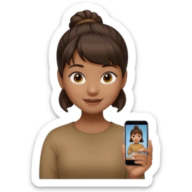 In Apple Memoji format, a girl with dark brown hair. She has bangs and her hair is in a singular high bun. The girl is arab and has light brown skin. She is wearing a brown shirt. She is soft smiling, no teeth shown. sticker