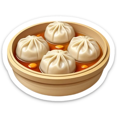 Xiaolongbao soup dumplings with visible soup inside, Chinese dim sum, emoji style sticker