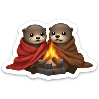 Two otters under a blanket sitting by a fire with some wine sticker
