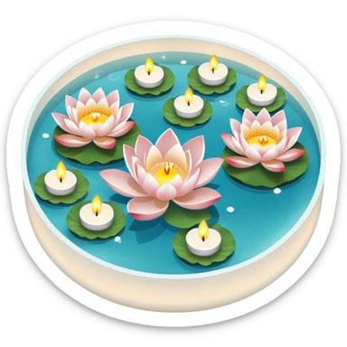 A pool with lotus flowers and tea lights floating on water sticker