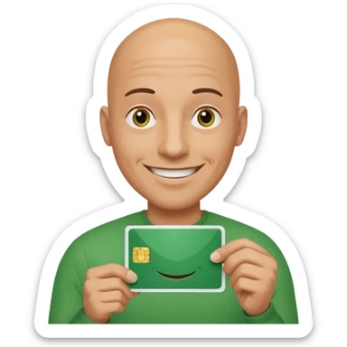 Bald man smiling with huge lips hold a green card  sticker