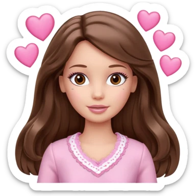 Barbie girl makeup , brown long straight wavy hair and brown eyes is In pale pink clothes There are pink hearts all around sticker