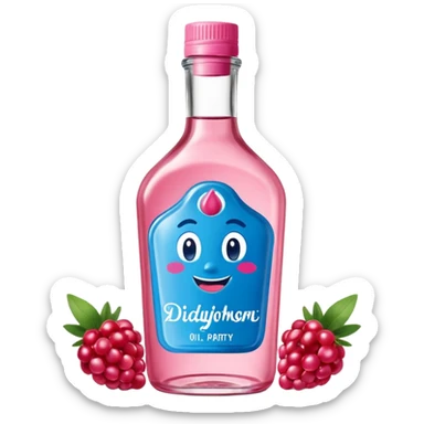 bottle of oil blue top pink outside with logo that says Diddy Party oil Johnson and Johnson  brand with a smiling berry on top sticker