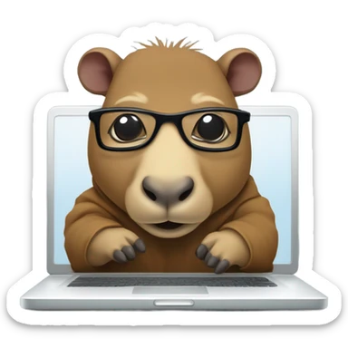 Nerdy cute capybara with its distinct large dark snout, big eyes, with glasses wearing a hoodie and coding on a laptop  sticker