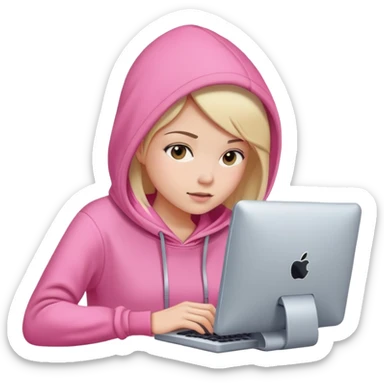 busy girl with computer in pink hoodie  sticker