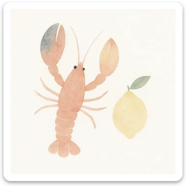 a lobster and a lemon together, watercolor style sticker