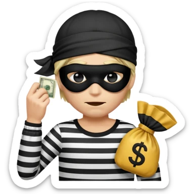 a short ios emoji-style portrait of a classic burglar, a black eye mask (looks like a blindfold) and a black-and-white striped shirt. emoji-like hair, black hat, ONE bag of money 💰 with a dollar sign in a right corner, evil expression WITHOUT a hand  sticker