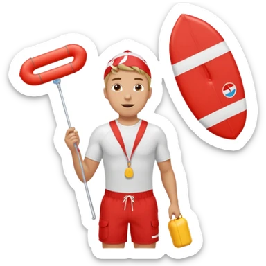 Male lifeguard – red shorts, whistle around neck, holding rescue float. sticker