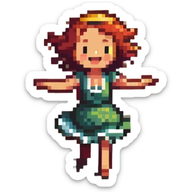 Cheerful beach character dancing on sand with ocean waves and sun, highlighted sticker