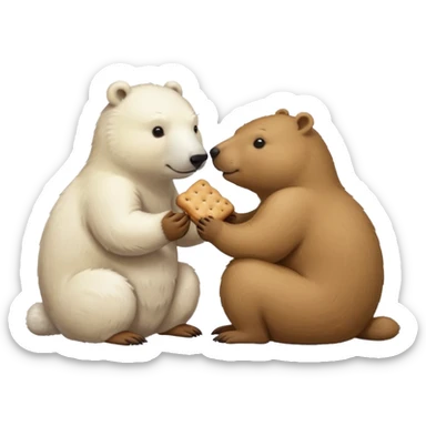 small capybara and a snow bear eating biscuits with each other sticker