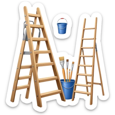 Wall painting icon, wall with an unfinished painting, no frame, a beautiful mural in progress, visible paintbrushes, rollers, and a bucket of paint, wooden ladder beside, minimalistic style, clean lines, transparent background. sticker
