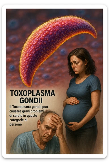 Toxoplasma gondii, infetta uomo immunodepresso e donne incinta. Causando gravi problemi tutto scritto in italiano immagine iperrealistica sticker