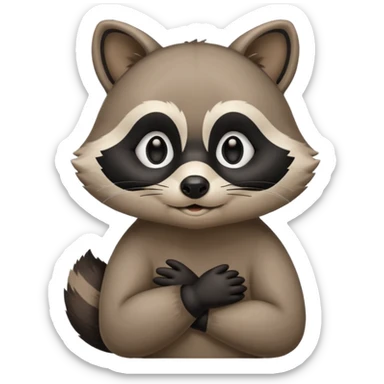 raccoon mascot thinking softly, hand on chin, curious expression, rounded shapes, minimal detail, smooth cartoon shading, ASD-friendly sticker