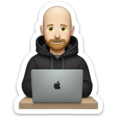 bald white man with a beard typing on apple computer wearing a black hoodie sticker