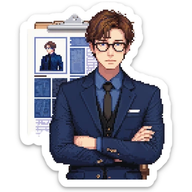 Flat pixel art, focused and reserved male architect, short sleek brown hair, wearing glasses, intense sharp eyes, wearing a deep indigo suit jacket over a black shirt, holding a blue print, waist-up, front-facing sticker