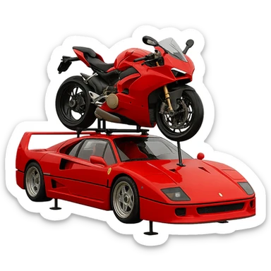 Add visible supports holding up the red motorcycle on the roof of the Ferrari F40. The background should be transparent, isolating the subject clearly. sticker