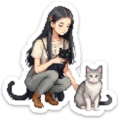 Beautiful girl with long black hair petting a gray and blonde mixed cat sticker