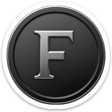 Emoji icon of a black coin with engraved letter F, minimalist style, isolated, no color sticker