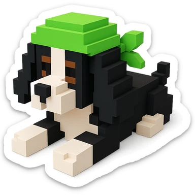 A black and white Russian Cocker Spaniel puppy wearing a green durag, voxel style, lying down sticker