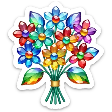 a bouquet of crystal flowers shimmering with rainbow colors, Apple emoji style sticker