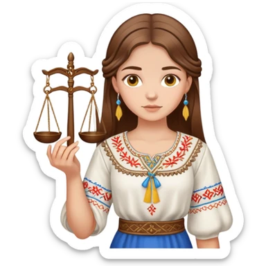 Ukrainian girl with brown hair wearing a traditional embroidered vyshyvanka shirt, holding scales of justice in her hand sticker
