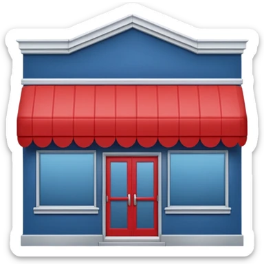 Apple emoji style miniature Lowe’s-like storefront, blue walls, light gray trim, subtle red accents on small elements, large front windows, simple sliding glass doors, small peaked roof, soft rounded edges, minimal details, no text or logos, clean and centered on plain background sticker