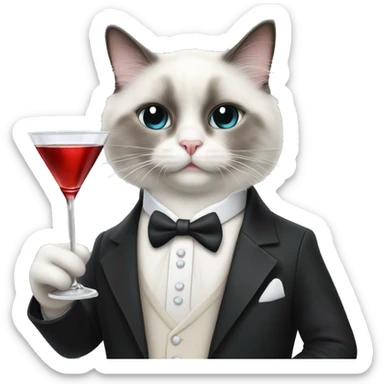 Ragdoll cat wearing tuxedo holding a martini with a mouse straw  sticker