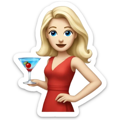 Beautiful blonde white woman with blue eyes red dress dancing with martini sticker