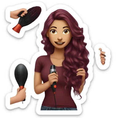 Beautiful tattooed  burgundy long haired woman blow drying her hair sticker