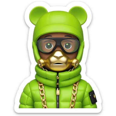 geometric bearbrick in lime green balaclava with brand tags, eyes replaced by integrated single-piece visor lens built into mask itself, not as separate glasses, down jacket with fur hood, gold chains sticker