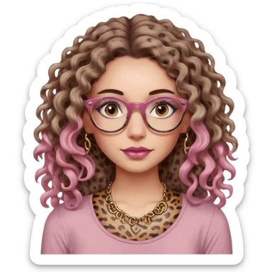 a gray eyed woman with light brunette long curly hair, full lips, pink soft blush and pale skin with leopard printed thin round-ish glasses wearing a silky brown top, a neck tatto that is in the middle of the neck so tiny saying before sunrise in a dactilo font. sticker