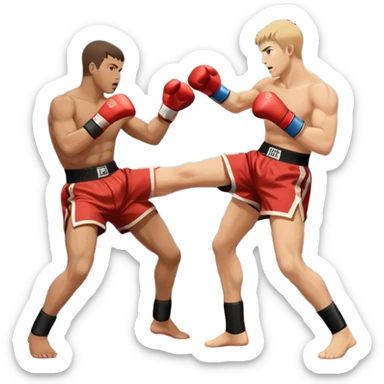 An icon symbolizing kickboxing, featuring two fighters in the midst of an intense match. One throws a powerful roundhouse kick, while the other counters with a punch. The background shows a ring, with ropes and a cheering crowd. Transparent background highlights the action and strength sticker