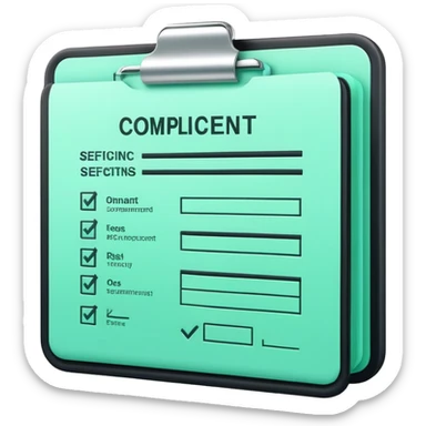 Commande Publique (Public Procurement), 3D technical icon with black and mint green (#B5F4D3), tender document with technical specifications and compliance checklist sticker