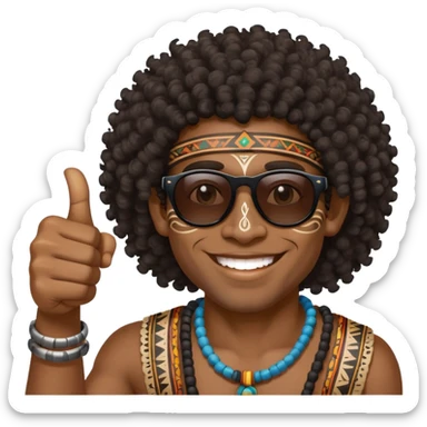 African Black tribal man with curly hair, traditional tribal face paint, wearing sunglasses, smiling, thumbs up sticker
