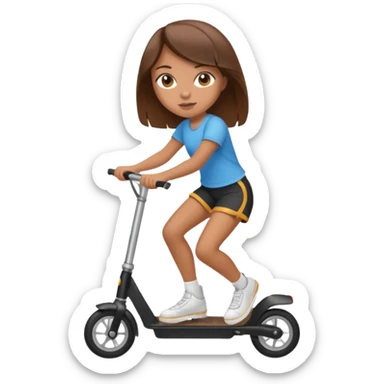 Tan girl with brown hair, riding razor scooter in black shorts sticker