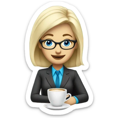 Corporate blonde boss lady with glasses happy blue eyes sitting at a desk drinking coffee  sticker